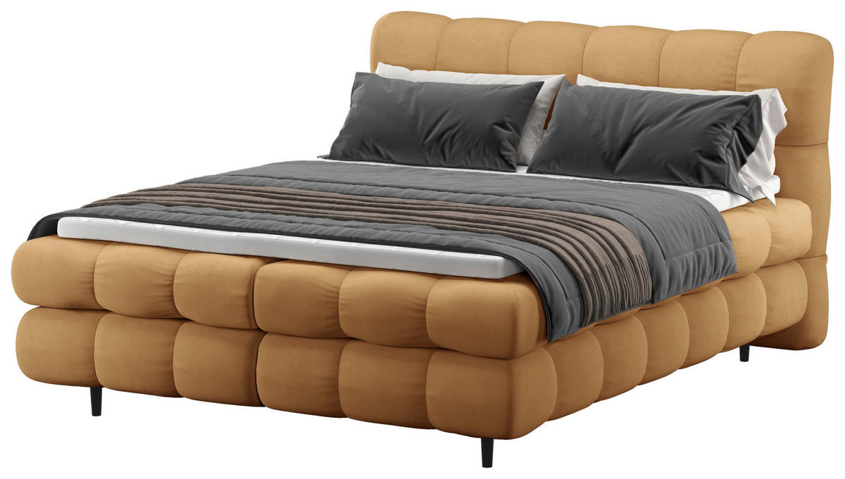 BOXBETT 160/200 cm,  in Goldfarben, gepolstertes Kopfteil, Bettkasten, Topper, H3 + H3 = fest  - Goldfarben/Schwarz, Design, Textil/Metall (160/200cm) - Ti'me