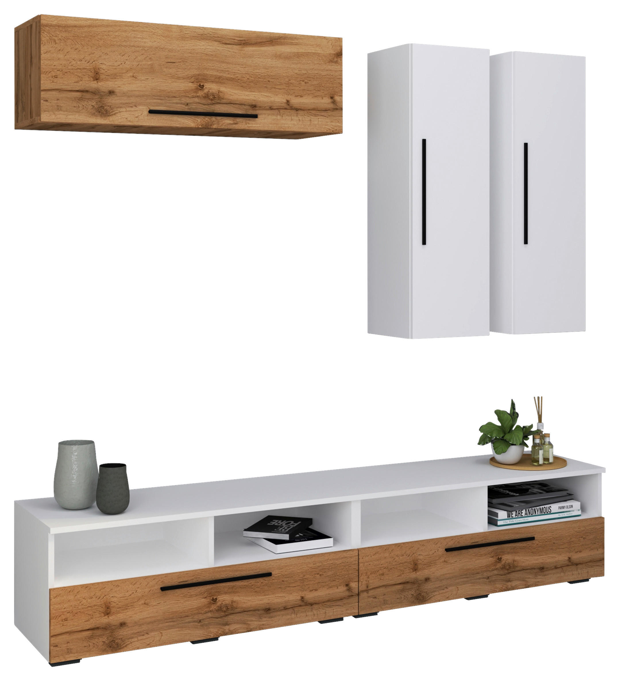 WOHNWAND  in Weiß, Eichefarben  190/200/40 cm  - Eichefarben/Schwarz, MODERN, Holzwerkstoff/Kunststoff (190/200/40cm) - MID.YOU