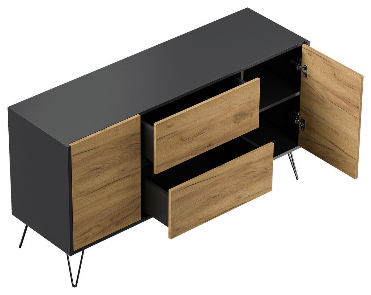 SIDEBOARD Posseik Industrial 139/75,8/42 cm 2 Schublade(n)  - Eichefarben/Graphitfarben, Design, Holzwerkstoff/Metall (139/75,8/42cm) - MID.YOU