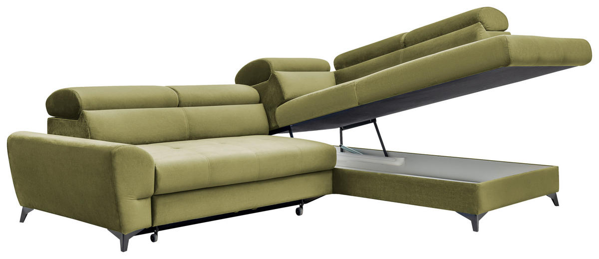 ECKSOFA Olivgrün Velours  - Schwarz/Olivgrün, MODERN, Textil/Metall (272/212cm) - MID.YOU