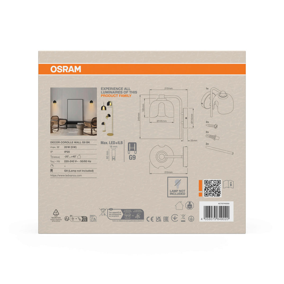 WANDLEUCHTE 13,5/21/24,5 cm   - Schwarz, Basics, Glas/Metall (13,5/21/24,5cm) - Osram
