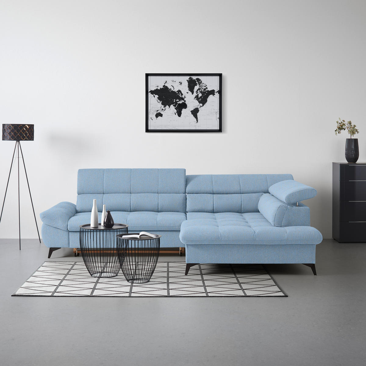 ECKSOFA Chenille Hellblau  - Schwarz/Hellblau, Modern, Textil/Metall (296/201cm) - Livetastic