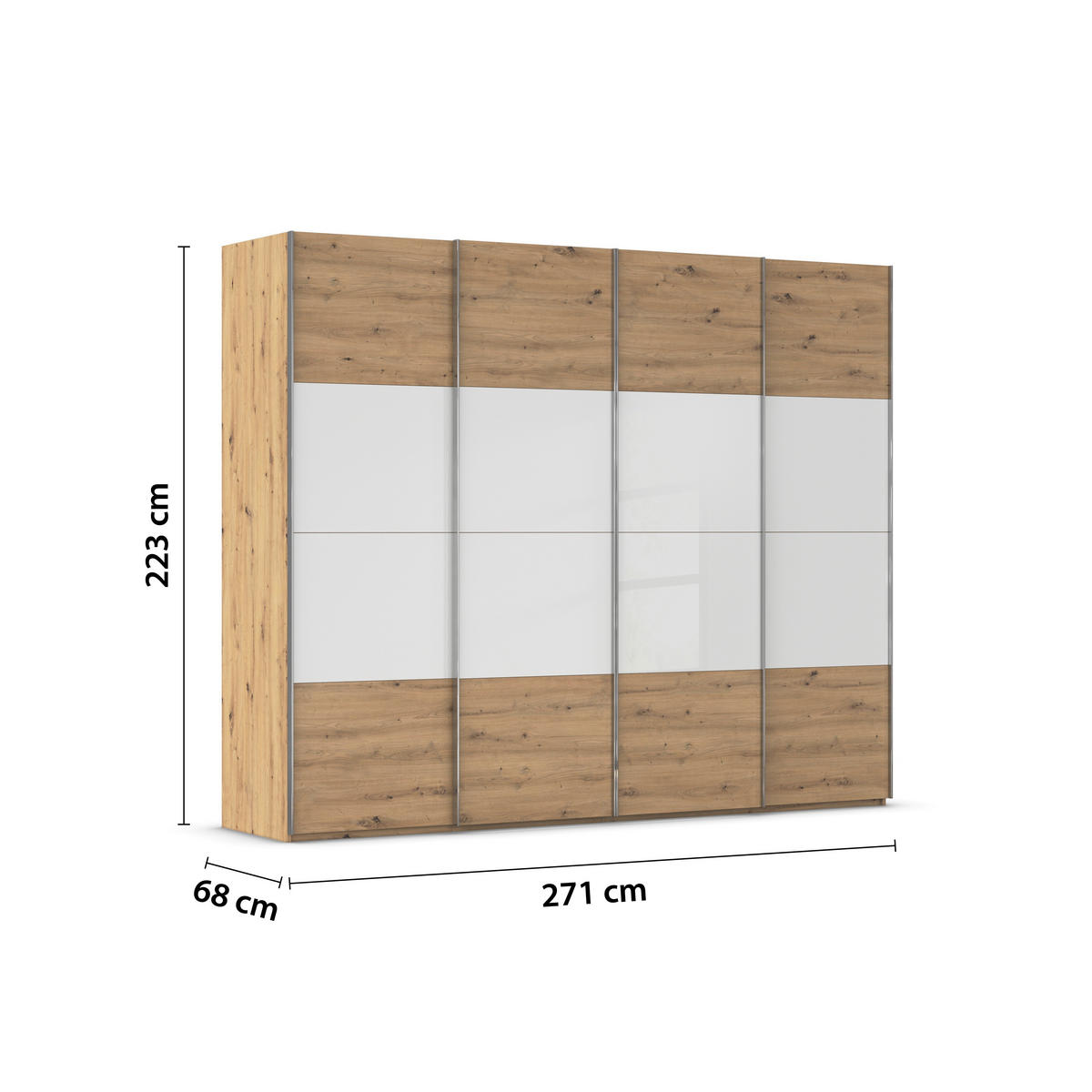 SCHWEBETÜRENSCHRANK 271/223/68 cm 4-türig Weiß, Eiche Artisan  - Chromfarben/Weiß, KONVENTIONELL, Glas/Holzwerkstoff (271/223/68cm) - Novel