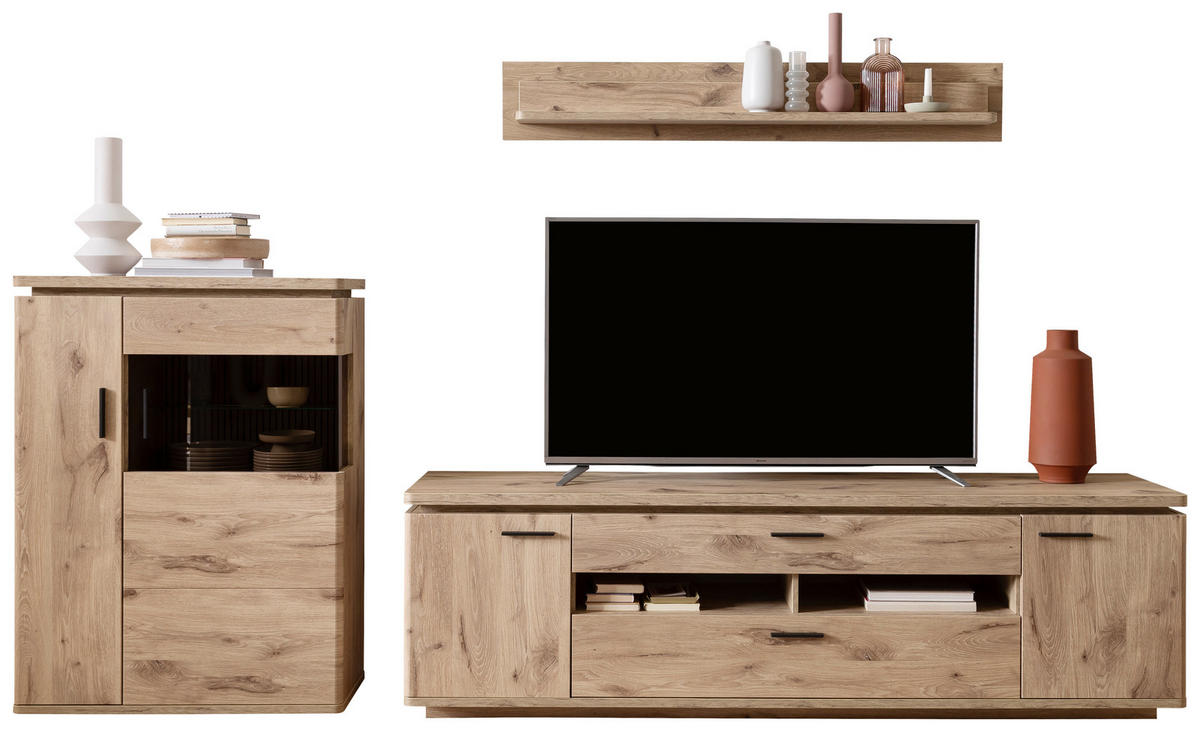 WOHNWAND 3-teilig  in Eichefarben 310/181/50 cm  - Eichefarben/Anthrazit, Konventionell, Glas/Holzwerkstoff (310/181/50cm) - Cantus