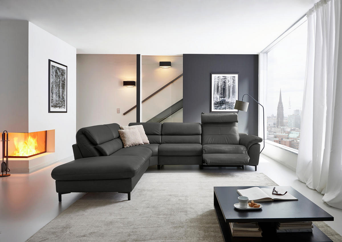 ECKSOFA Valdera Schwarz Echtleder  - Schwarz, Design, Leder/Metall (246/280cm) - Hukla