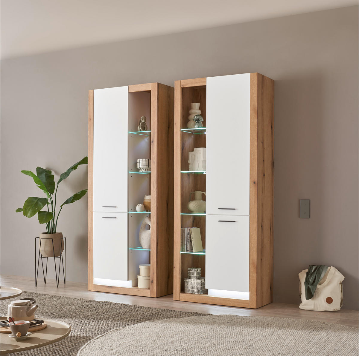 WOHNWAND 2-teilig  in Weiß, Eichefarben  180/195/37 cm  - Eichefarben/Schwarz, Design, Glas/Holzwerkstoff (180/195/37cm) - MID.YOU