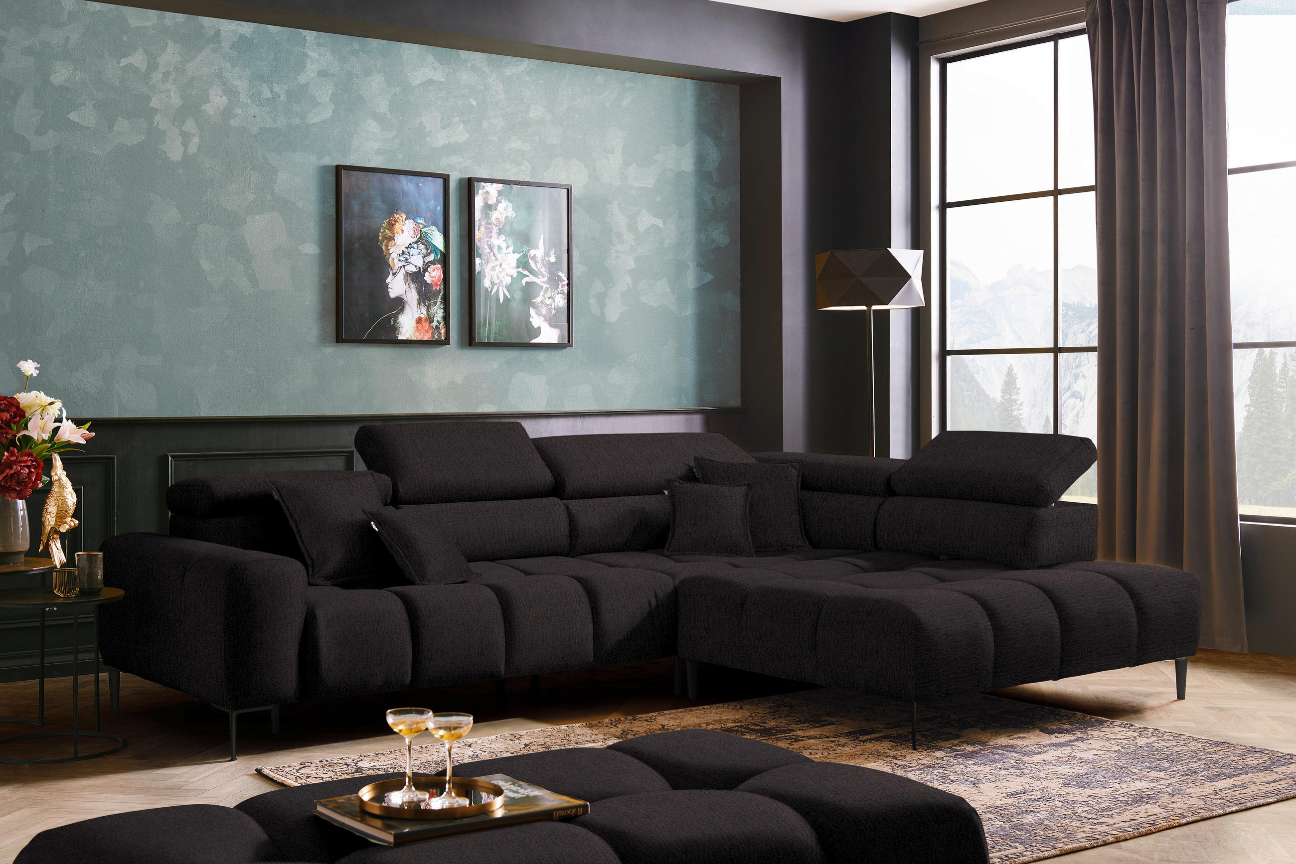 ECKSOFA Anthrazit Samt, Webstoff  - Anthrazit/Schwarz, Design, Textil/Metall (300/216cm) - Welnova