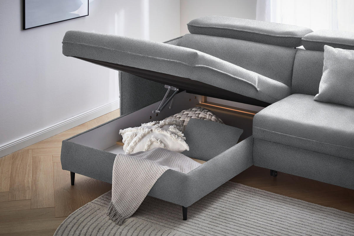 ECKSOFA in Flachgewebe Hellgrau  - Hellgrau/Schwarz, Design, Holz/Textil (185/232cm) - Stylife