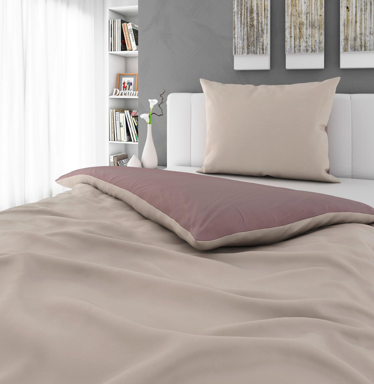OBOJESTRANSKA POSTELJNINA Uni Wende 140/220 cm saten naravne barve  - naravne barve, Basics, tekstil (140/220cm) - Novel