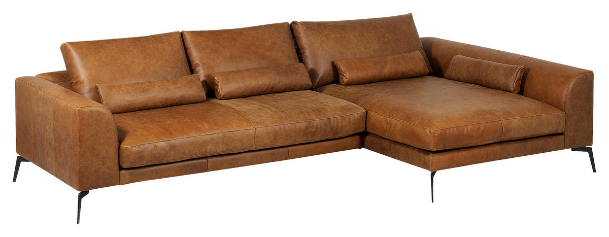 ECKSOFA in Echtleder Cognac  - Cognac/Schwarz, Design, Leder/Metall (313/172cm) - Livetastic