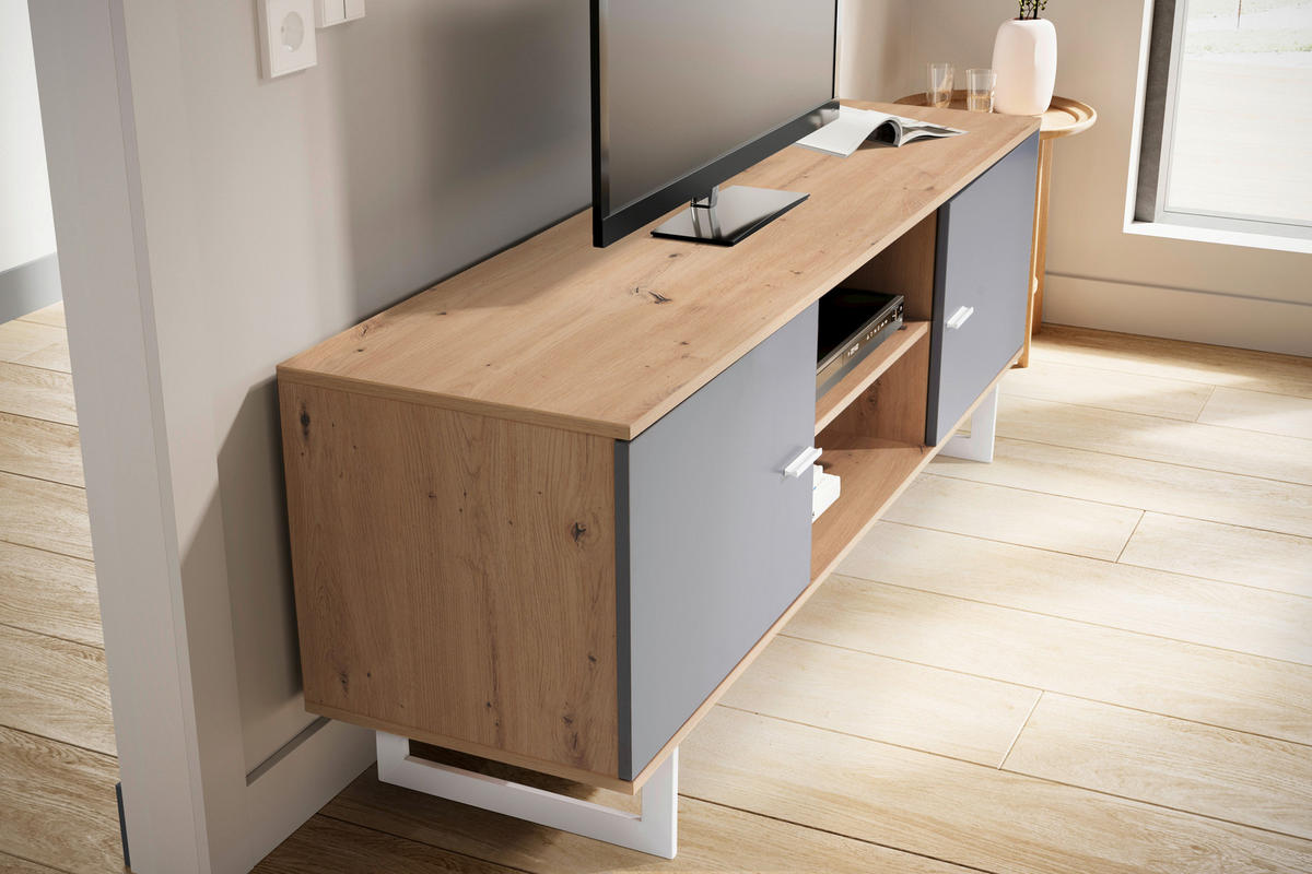 NÍZKÁ KOMODA, šedá, barvy dubu, 150/55/40 cm - šedá/barvy stříbra, Design, kov/kompozitní dřevo (150/55/40cm) - Livetastic