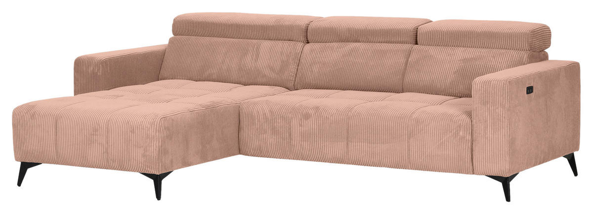 ECKSOFA Altrosa Cord Rücken echt, Kopfteilverstellung, Sitzvorzug  - Schwarz/Altrosa, KONVENTIONELL, Textil/Metall (170/257cm) - Carryhome