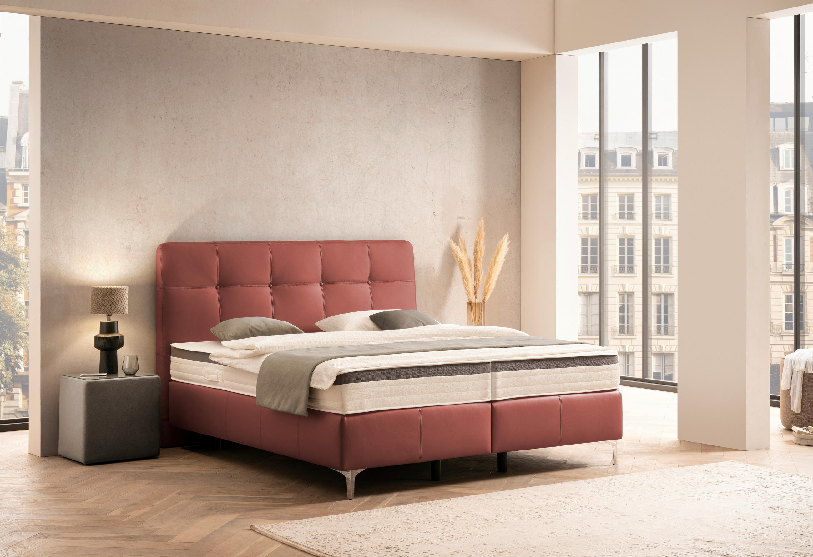 BOXSPRINGBETT 200/200 cm  in Bordeaux  - Chromfarben/Bordeaux, Basics, Leder/Holz (200/200cm) - Novel