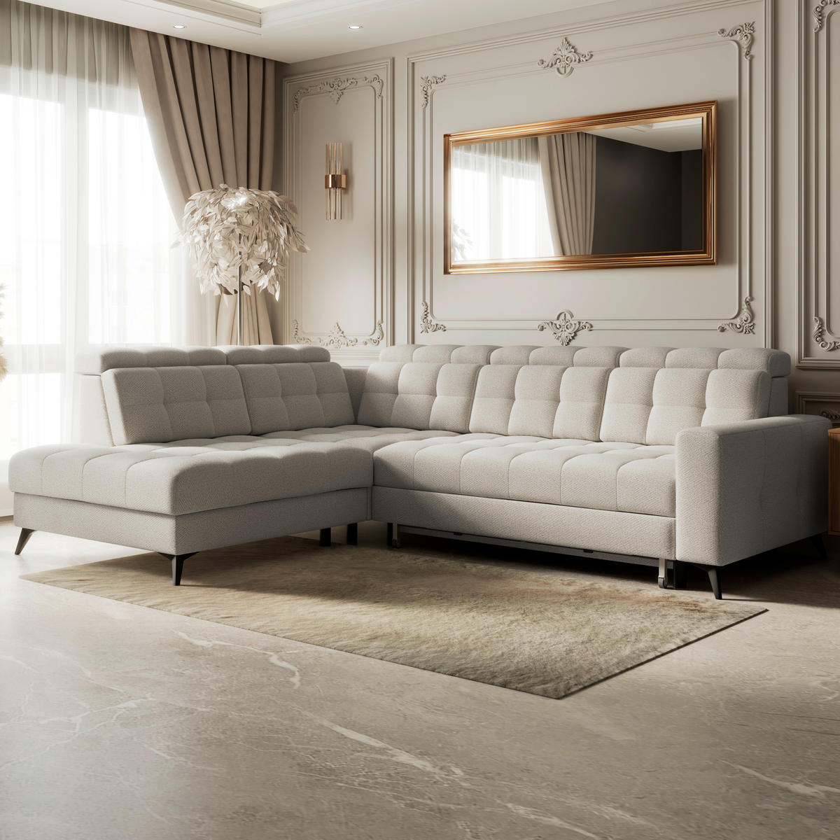 HÖRNSOFFA i velour greige  - greige/svart, Romantik / Lanthus, metall/textil (228/289cm) - MID.YOU