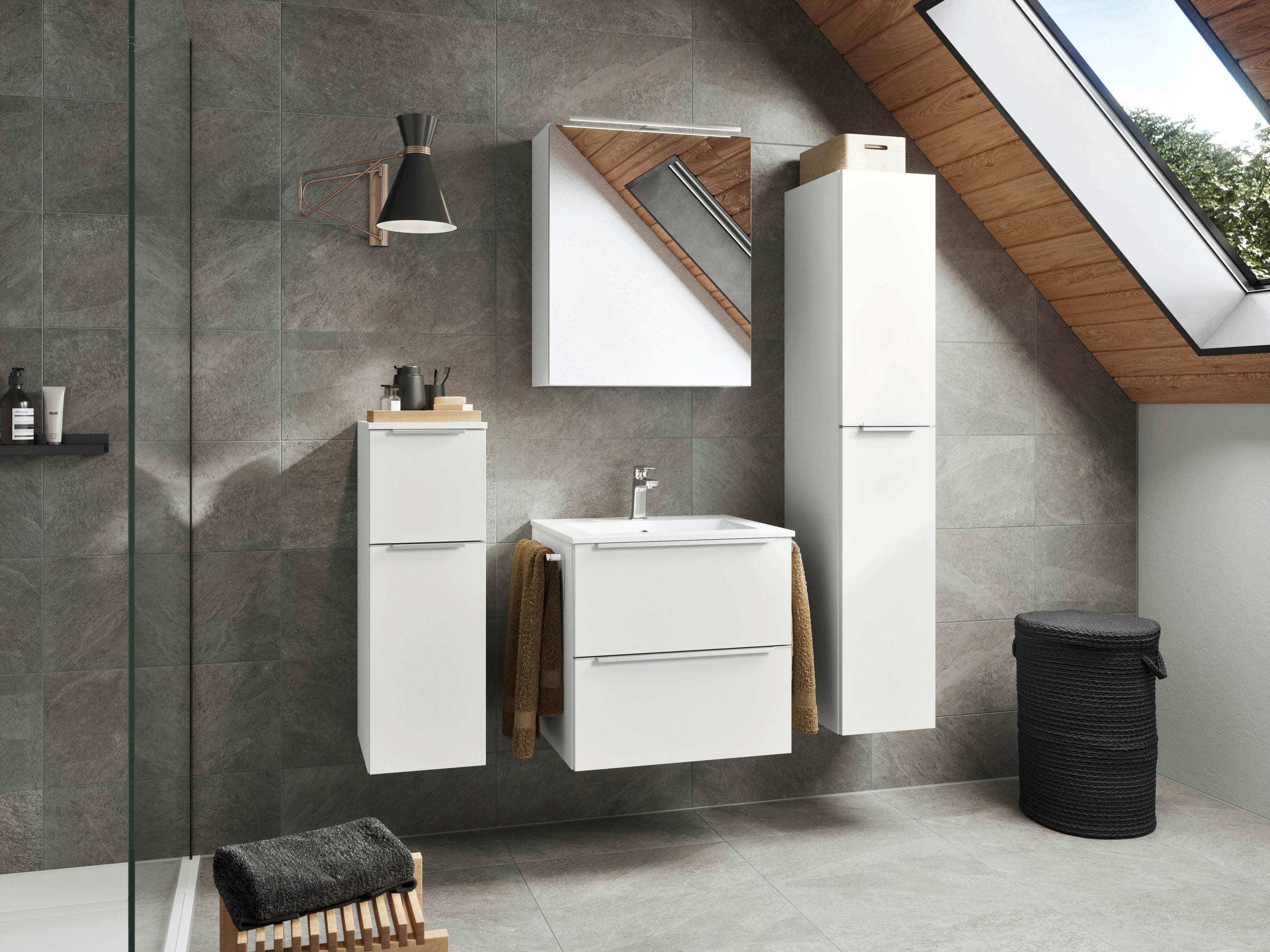 BADEZIMMER 5-teilig  in 121 cm  - Edelstahlfarben/Weiß, MODERN, Holzwerkstoff/Stein (121cm) - Nobilia