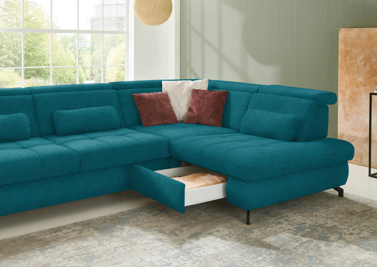 ECKSOFA in Chenille Petrol  310/220 cm  - Petrol/Schwarz, Design, Textil/Metall (310/220cm) - Beldomo Style
