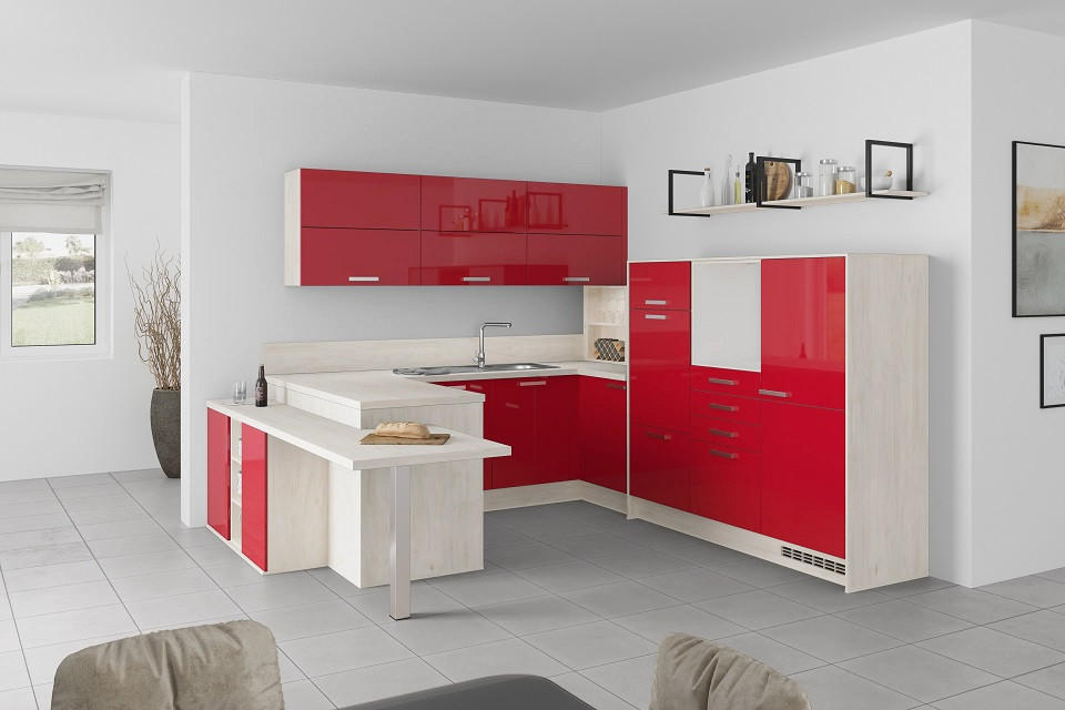 U-Küche Lp4050 Rot 255x294x298 cm mit Griffen