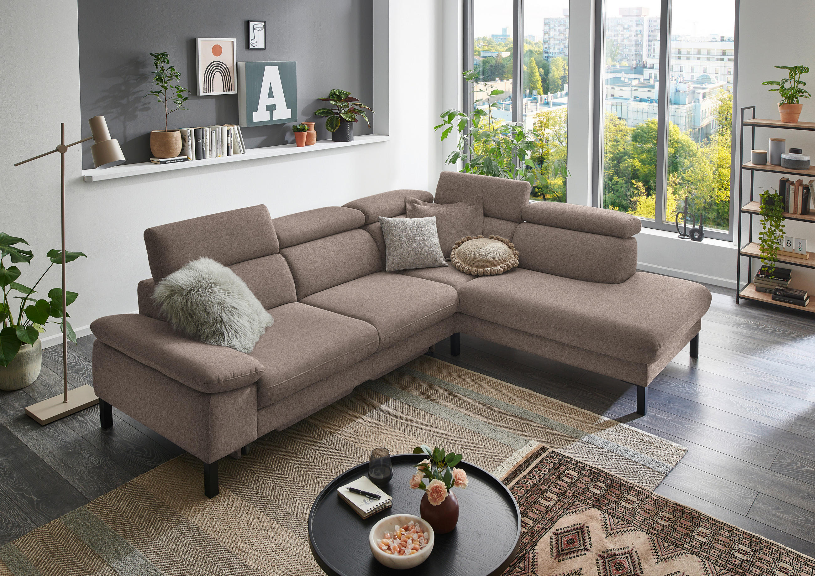 ECKSOFA in Flachgewebe Taupe  272/217 cm  - Taupe/Schwarz, Design, Holzwerkstoff/Textil (272/217cm) - Pure Home Comfort