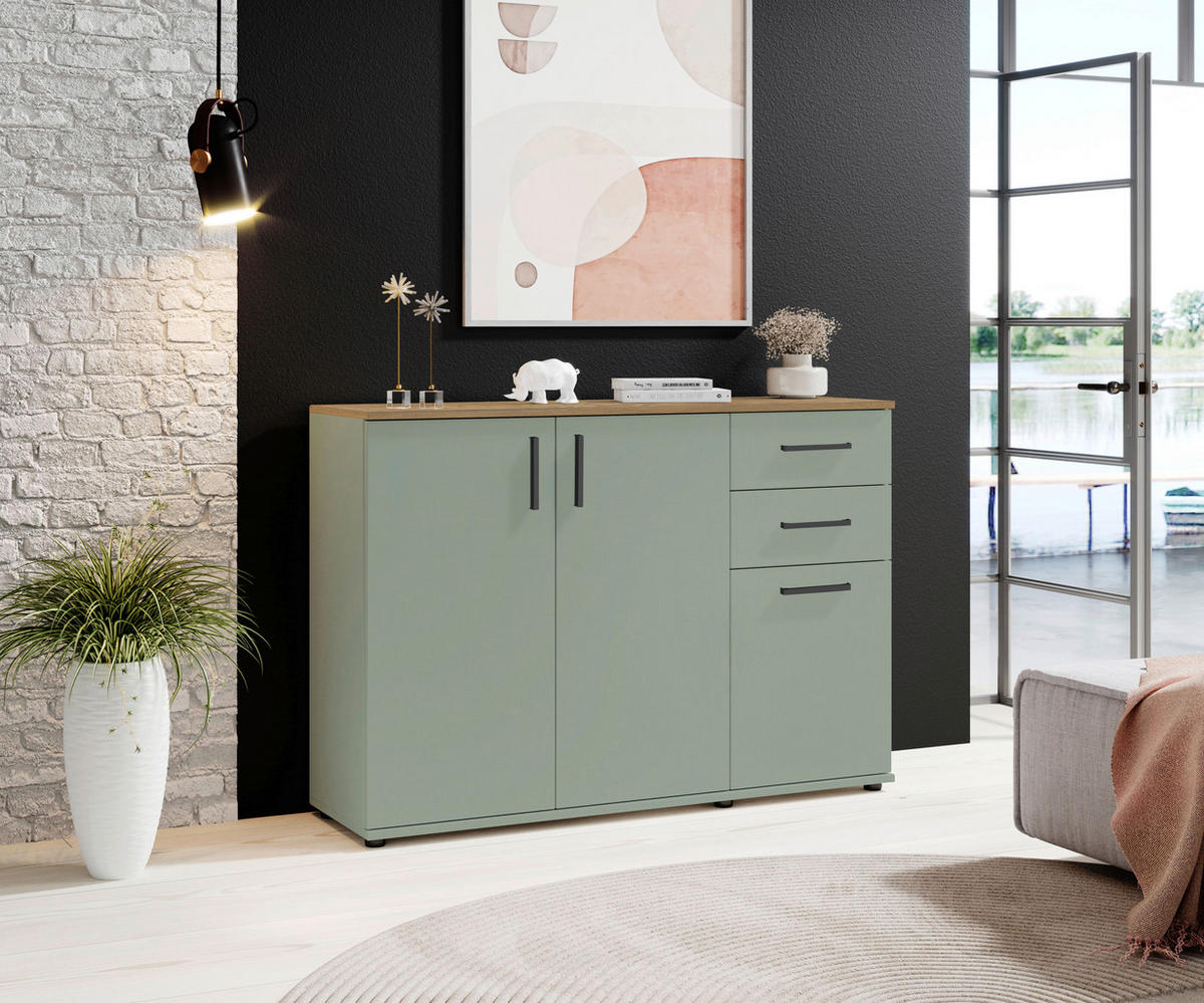 KOMMODE , 120/84/35 cm, 2 Schublade(n)  - Eichefarben/Salbeigrün, Design, Holzwerkstoff/Kunststoff (120/84/35cm) - MID.YOU