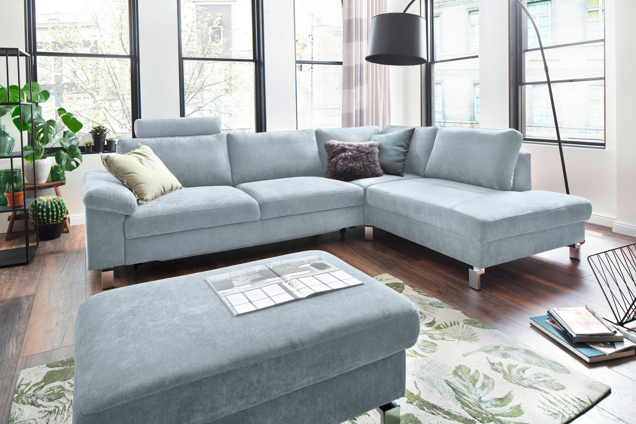 ECKSOFA in Velours Hellblau  - Chromfarben/Hellblau, Design, Textil/Metall (281/200cm) - Hom`in