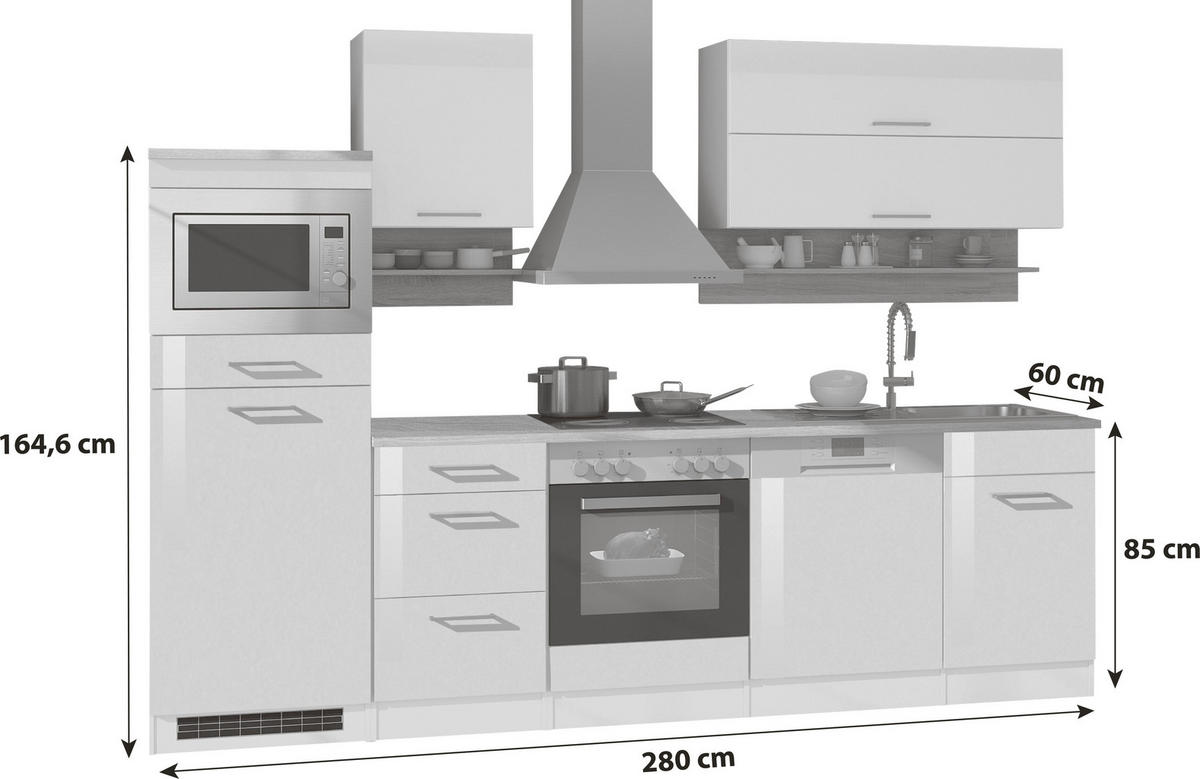 KÜCHENBLOCK 280 cm   in Anthrazit, Eichefarben, Anthrazit Hochglanz  - Chromfarben/Eichefarben, MODERN, Holzwerkstoff/Metall (280cm) - Held