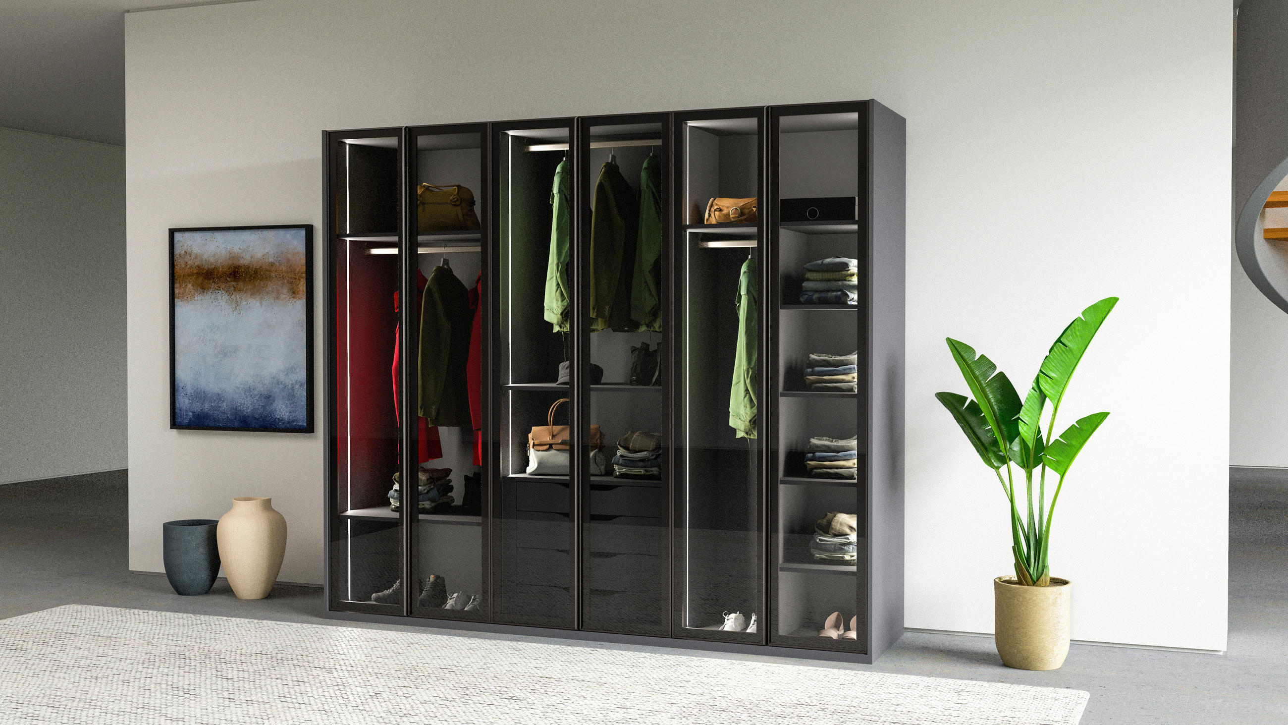 KLEIDERSCHRANK 251/220/60 cm,  in Anthrazit, 6-türig  - Anthrazit, KONVENTIONELL, Glas/Holzwerkstoff (251/220/60cm) - Chameo