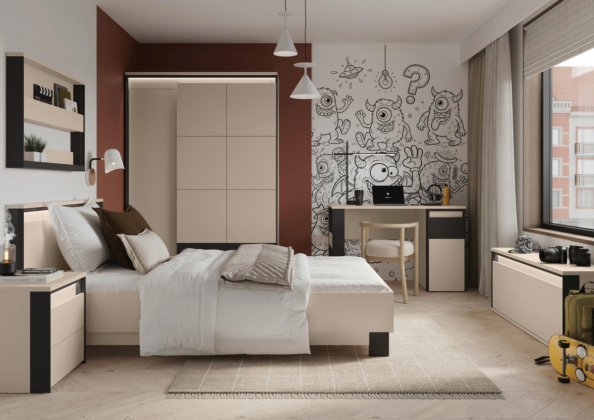 BETT 120/200 cm,  in Schwarz, Beige, Beleuchtung  - Beige/Schwarz, Design, Metall (120/200cm) - Voleo