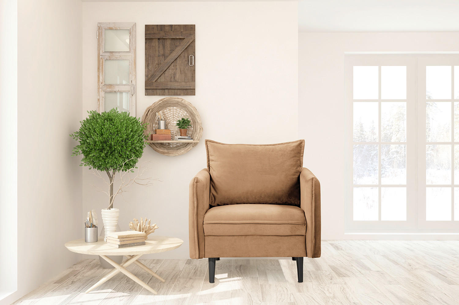 SESSEL in Samt Hellbraun  - Hellbraun/Schwarz, Design, Holz/Textil (74/86/100cm) - P & B