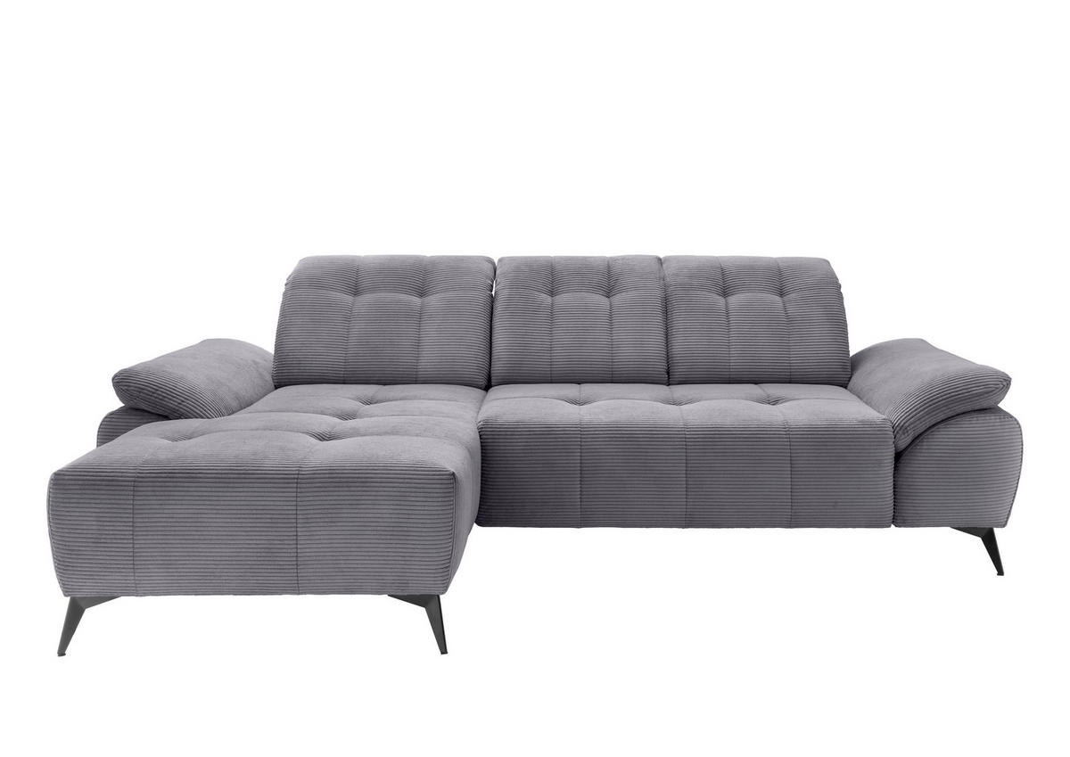 ECKSOFA FIORE in Cord Grau Kopfteilverstellung, Sitzvorzug  180/280 cm  - Schwarz/Grau, MODERN, Textil/Metall (180/280cm) - Livetastic