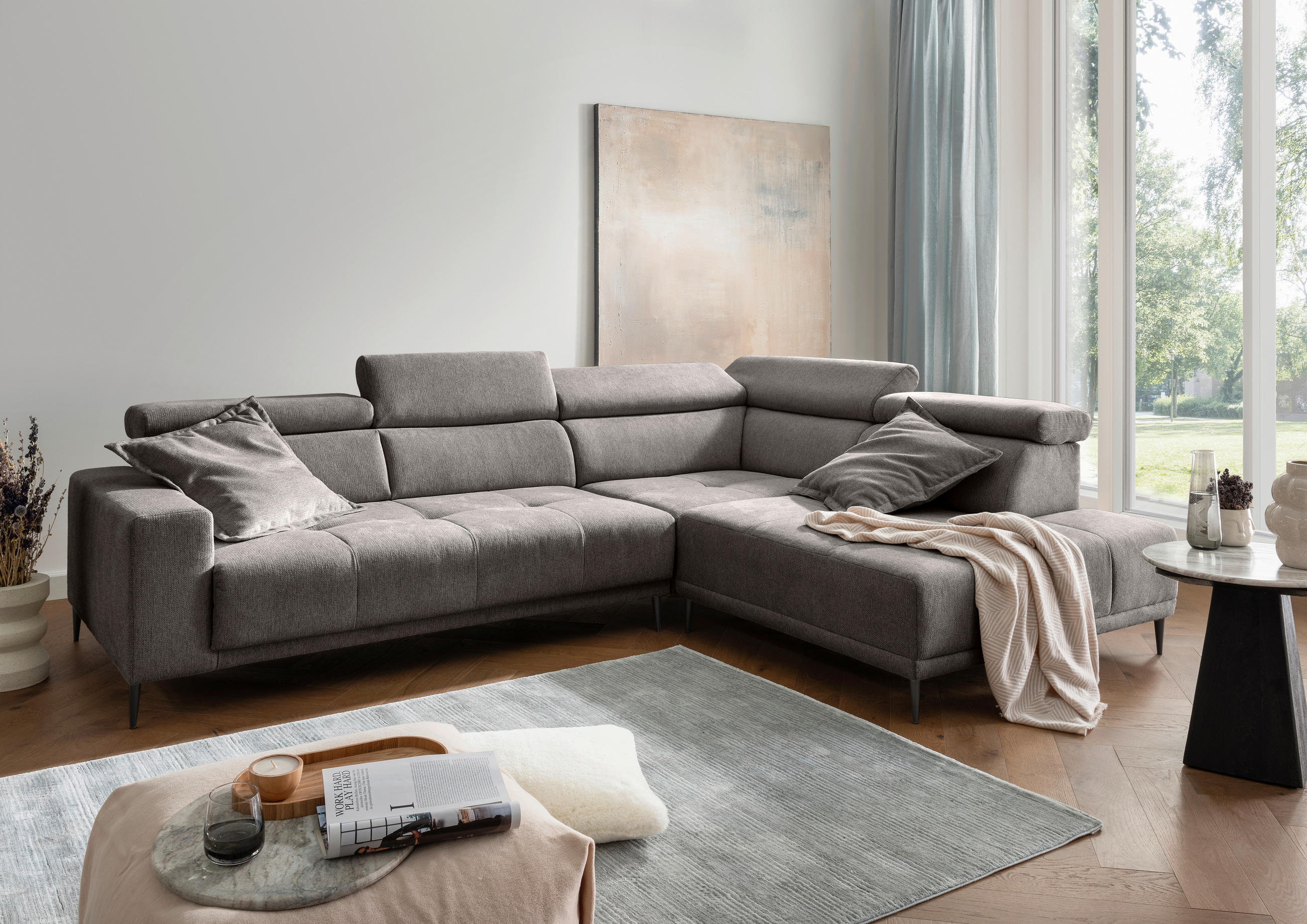 ECKSOFA INTERA Graubraun Chenille Kopfteilverstellung, Sitzvorzug  - Graubraun/Schwarz, KONVENTIONELL, Textil/Metall (305/225cm) - Livetastic
