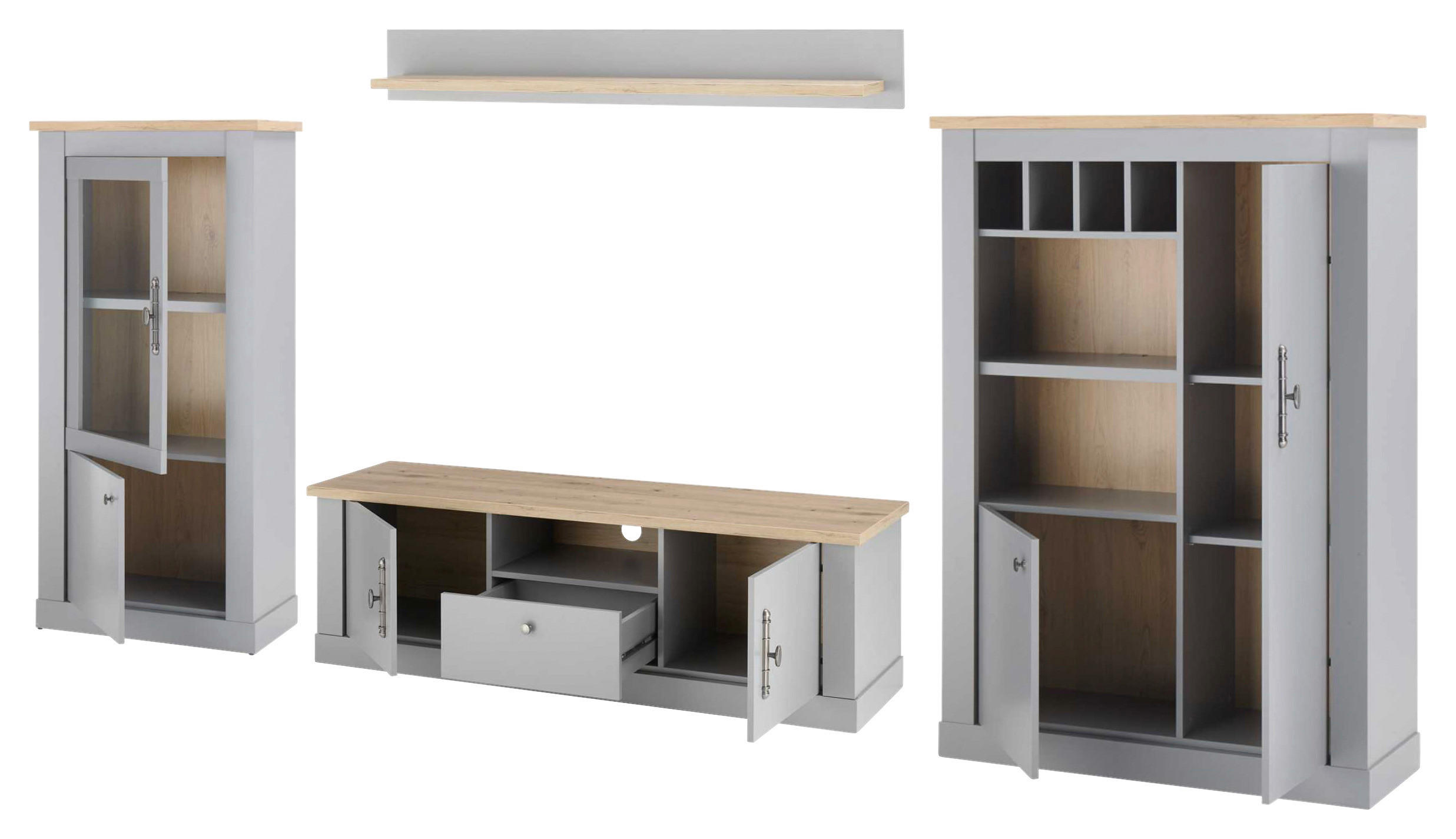 WOHNWAND 4-teilig in Eichefarben, Hellgrau 346/170/44 cm - Eichefarben/Silberfarben, Design, Holzwerkstoff/Metall (346/170/44cm) - MID.YOU