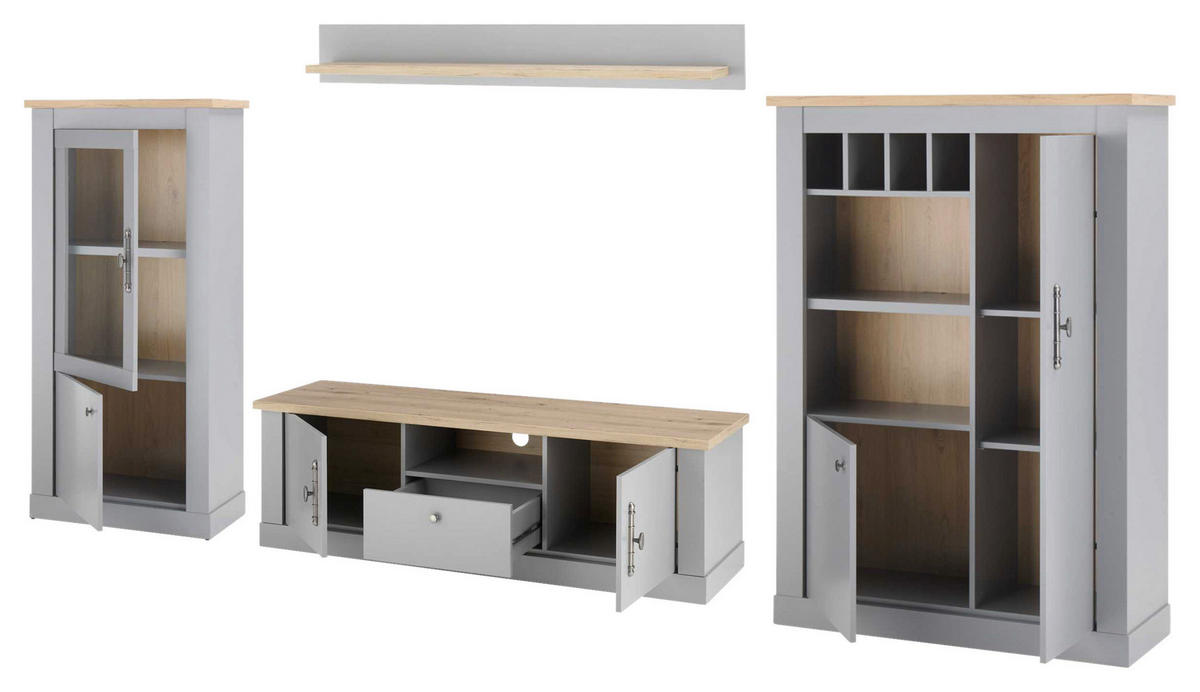 WOHNWAND 4-teilig  in Eichefarben, Hellgrau  346/170/44 cm  - Eichefarben/Silberfarben, Design, Holzwerkstoff/Metall (346/170/44cm) - MID.YOU