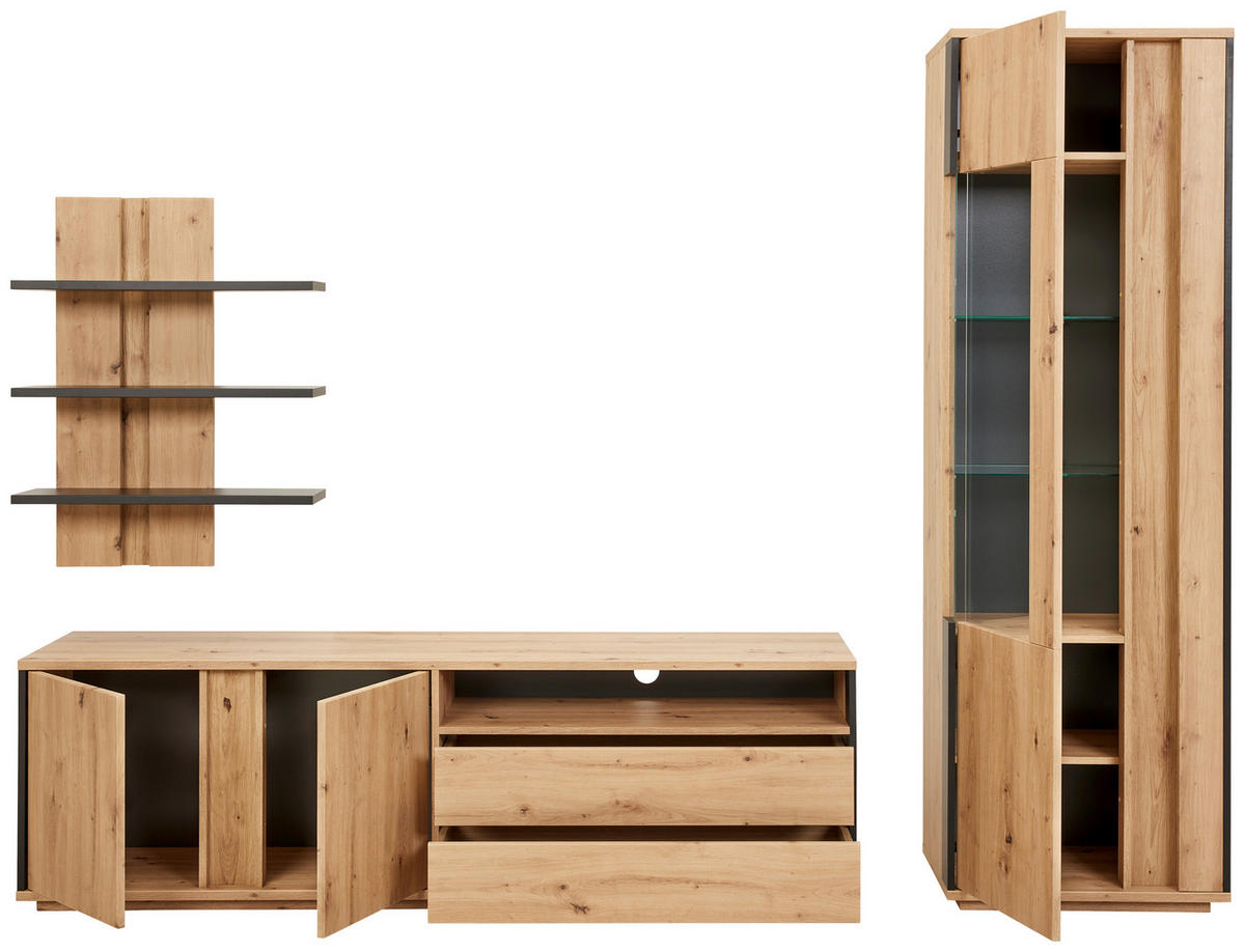 WOHNWAND  in Grau, Eichefarben  252/200/41 cm  - Eichefarben/Grau, Design, Glas/Holzwerkstoff (252/200/41cm) - Cantus
