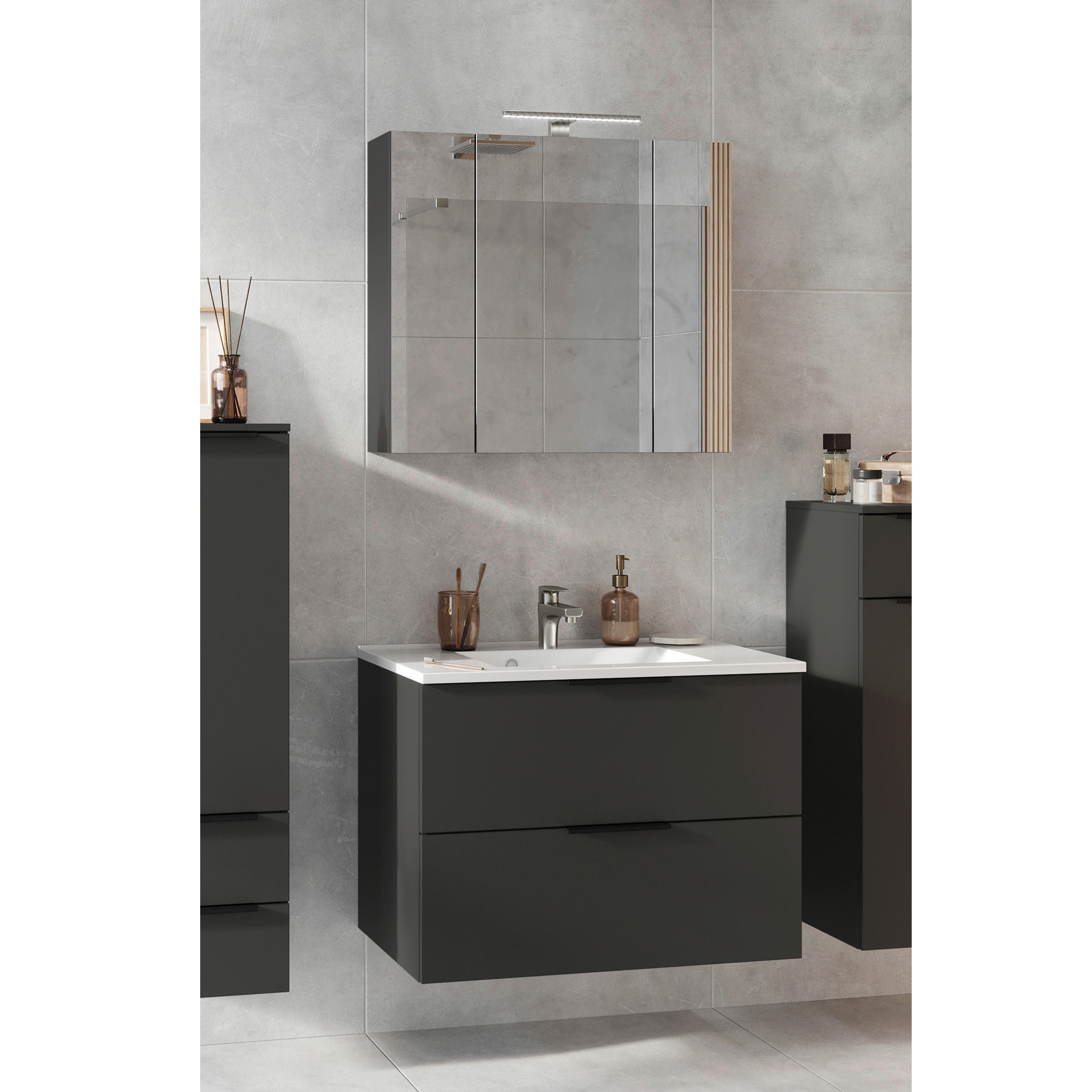 BADEZIMMER 3-teilig  in 81 cm  - Schwarz/Graphitfarben, MODERN, Holzwerkstoff/Stein (81cm) - Germania