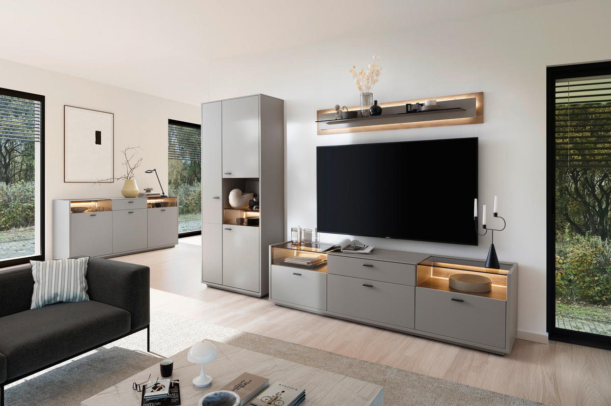 REGAL ZA DNEVNI BORAVAK siva, boje hrasta   - siva/boje hrasta, Design, staklo/drvni materijal (301/200/44cm) - Stylife