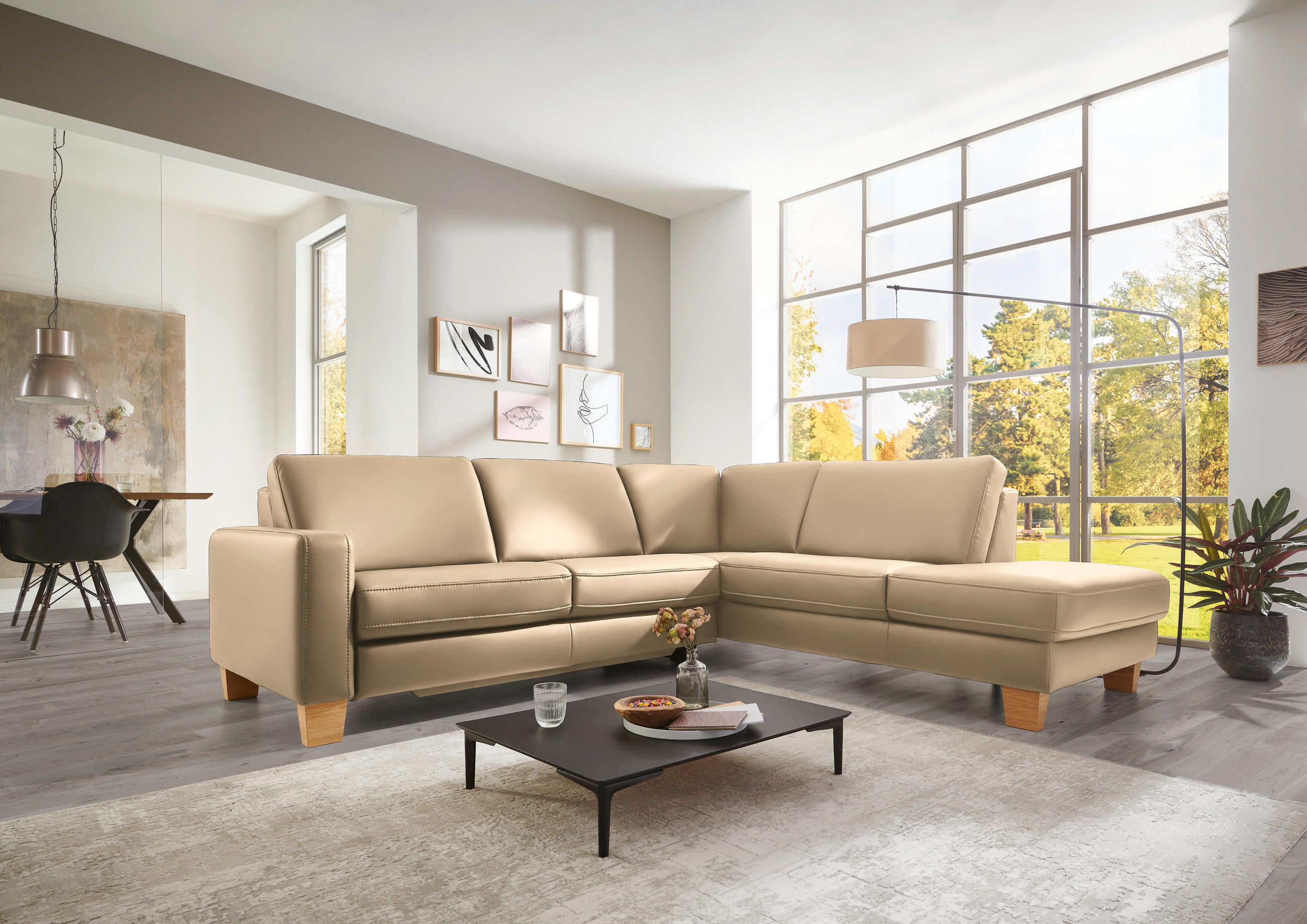 ECKSOFA in Echtleder Beige  257/235 cm  - Eiche Bianco/Beige, KONVENTIONELL, Leder/Holz (257/235cm) - Valdera