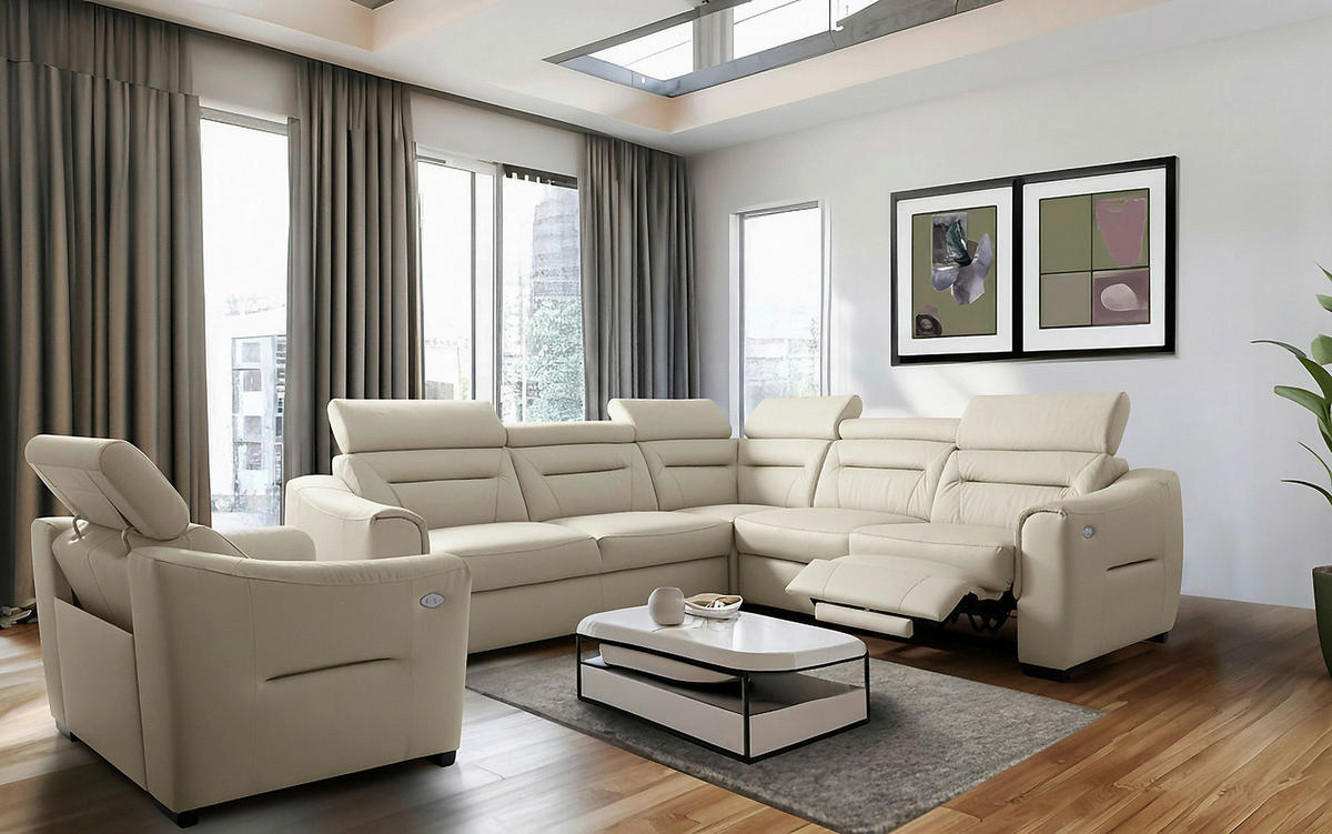 ECKSOFA Lederlook Echtleder Creme  - Wengefarben/Creme, Design, Leder/Holz (260/260cm) - Celina Home