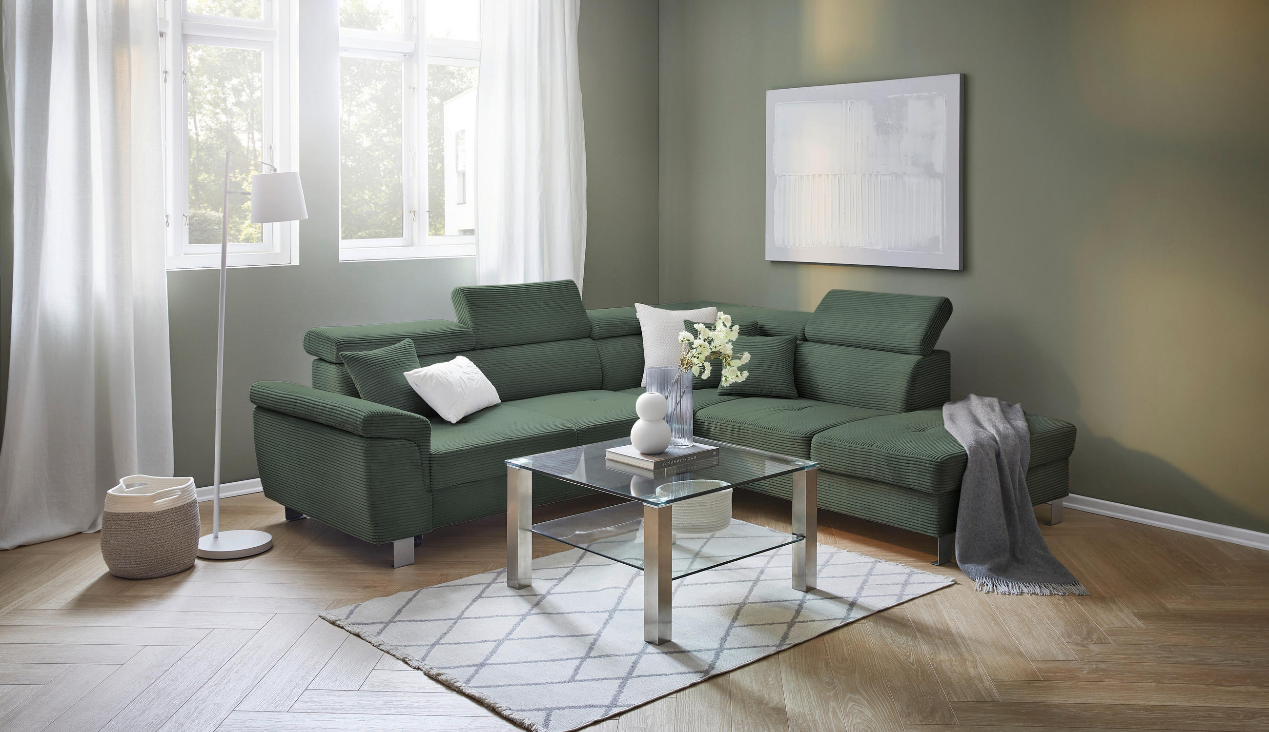 ECKSOFA inkl. Funktionen Waldgrün Cord  - Waldgrün/Silberfarben, Design, Textil/Metall (257/226cm) - Xora