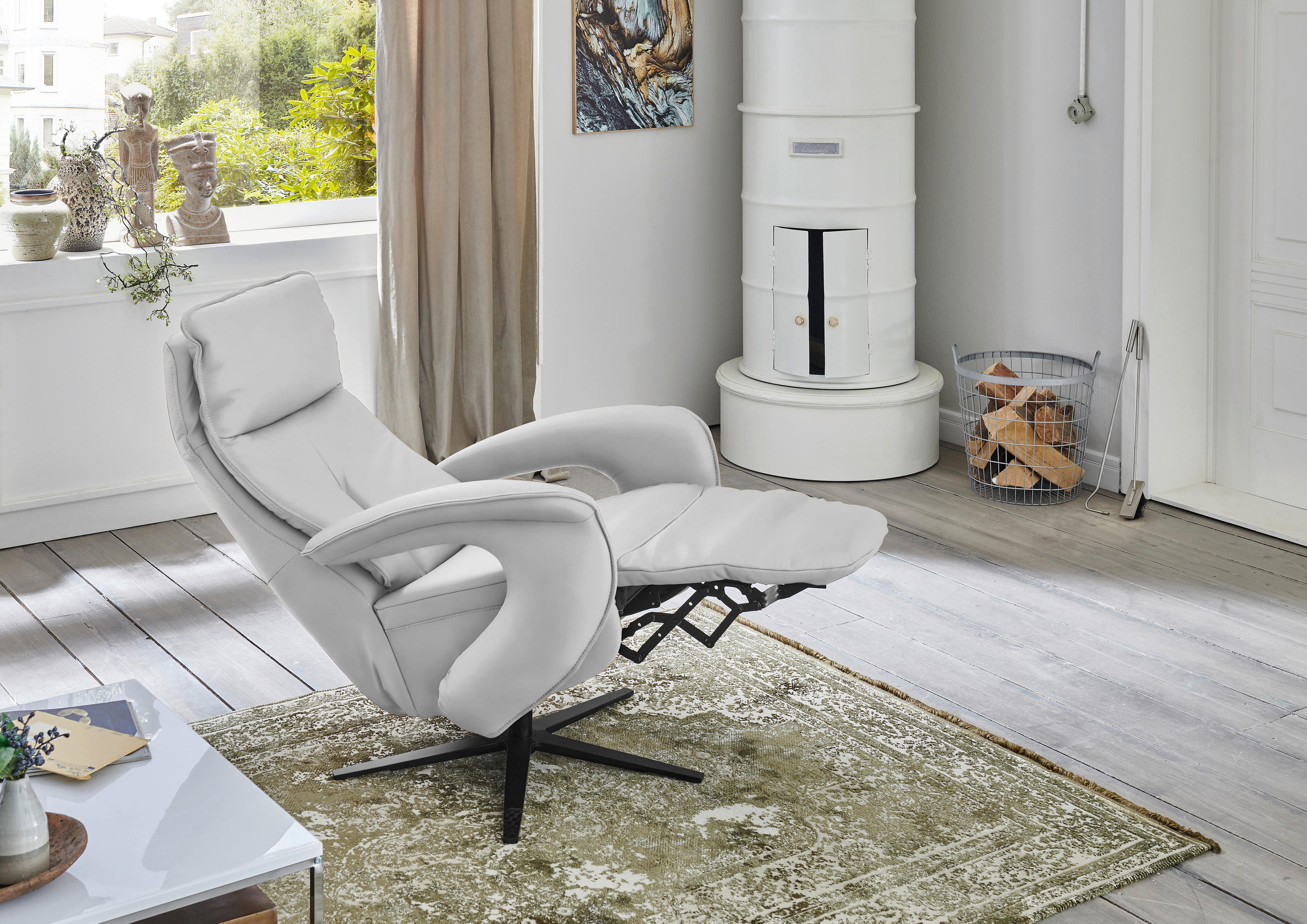 RELAXSESSEL in Leder Weiss  - Weiss/Schwarz, Design, Leder/Metall (77/119/87cm) - Valdera