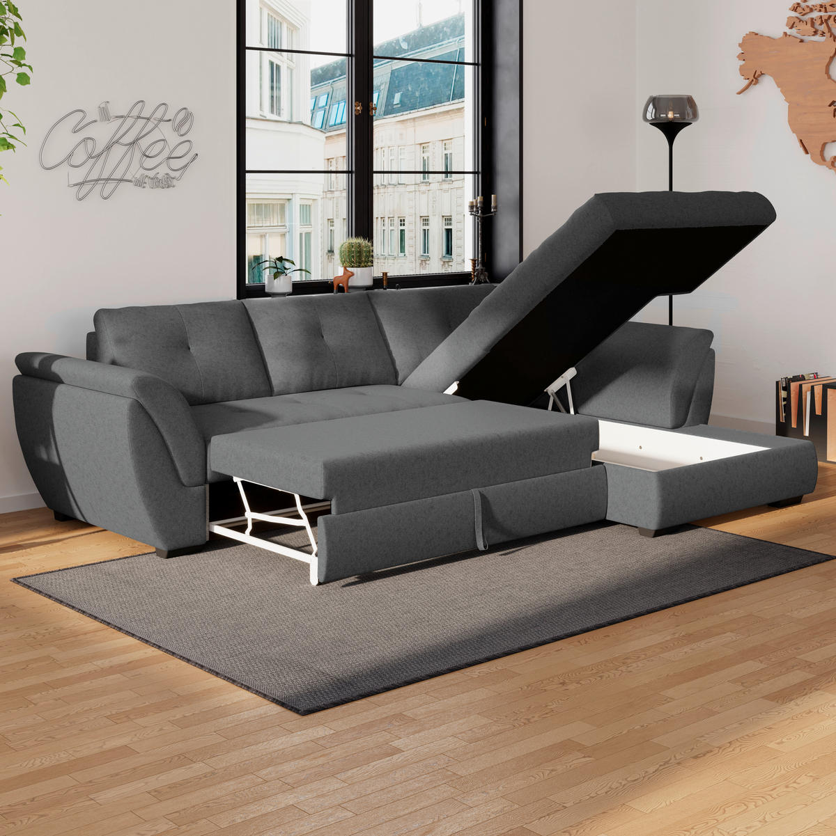 ECKSOFA in Webstoff Anthrazit  - Anthrazit/Schwarz, Design, Kunststoff/Textil (278/187cm) - Livetastic