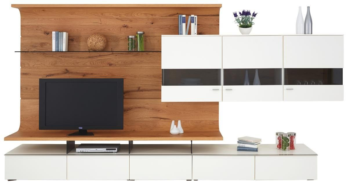 WOHNWAND Eiche furniert Weiß, Eichefarben, Honig Befestigungsmaterial - Edelstahlfarben/Eichefarben, Design, Glas/Holz - Moderano