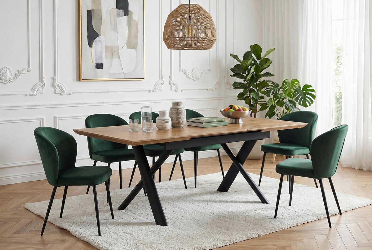 ESSTISCH 200/90/76 cm Nachbildung  Metall, Holzwerkstoff ausziehbar rechteckig Schwarz, Eichefarben  - Eichefarben/Schwarz, MODERN, Holzwerkstoff/Metall (200/90/76cm) - Livetastic