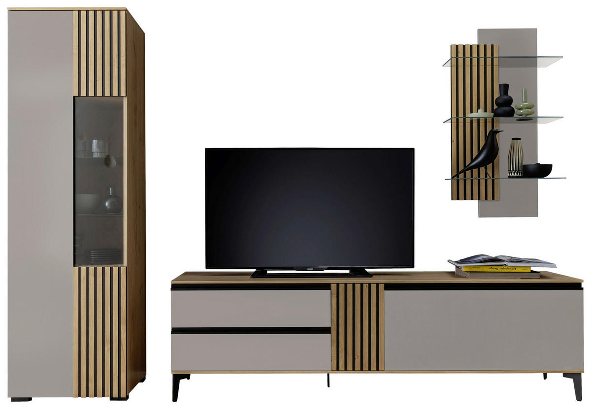WOHNWAND  in Greige, Wildeiche 277/200/45 cm  - Wildeiche/Greige, Design, Glas/Holz (277/200/45cm) - Moderano