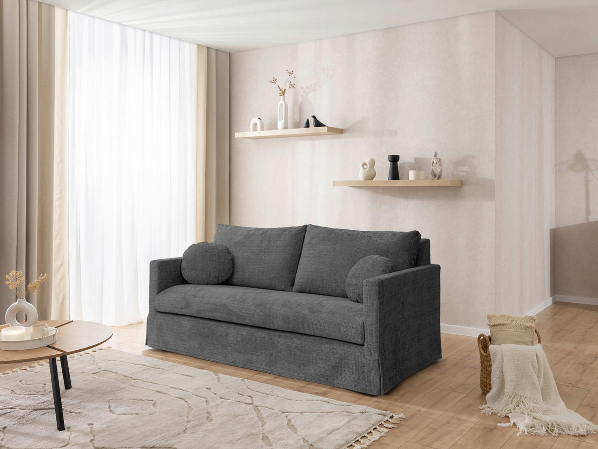 3-SITZER-SOFA PAPHOS in Chenille Dunkelgrau  - Dunkelgrau/Schwarz, Design, Kunststoff/Textil (195/89/95cm) - P & B