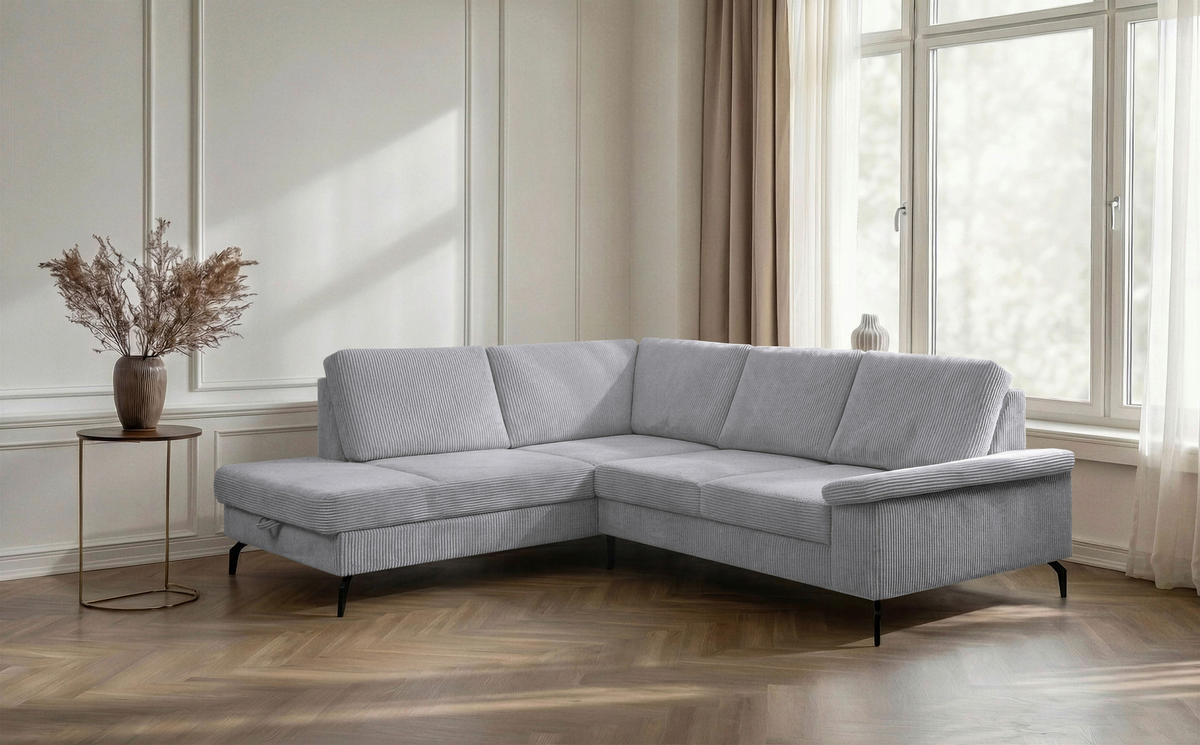 ECKSOFA Hellgrau Velours Bettkasten, Sitzvorzug  - Hellgrau/Schwarz, KONVENTIONELL, Textil/Metall (206/253cm) - Venda
