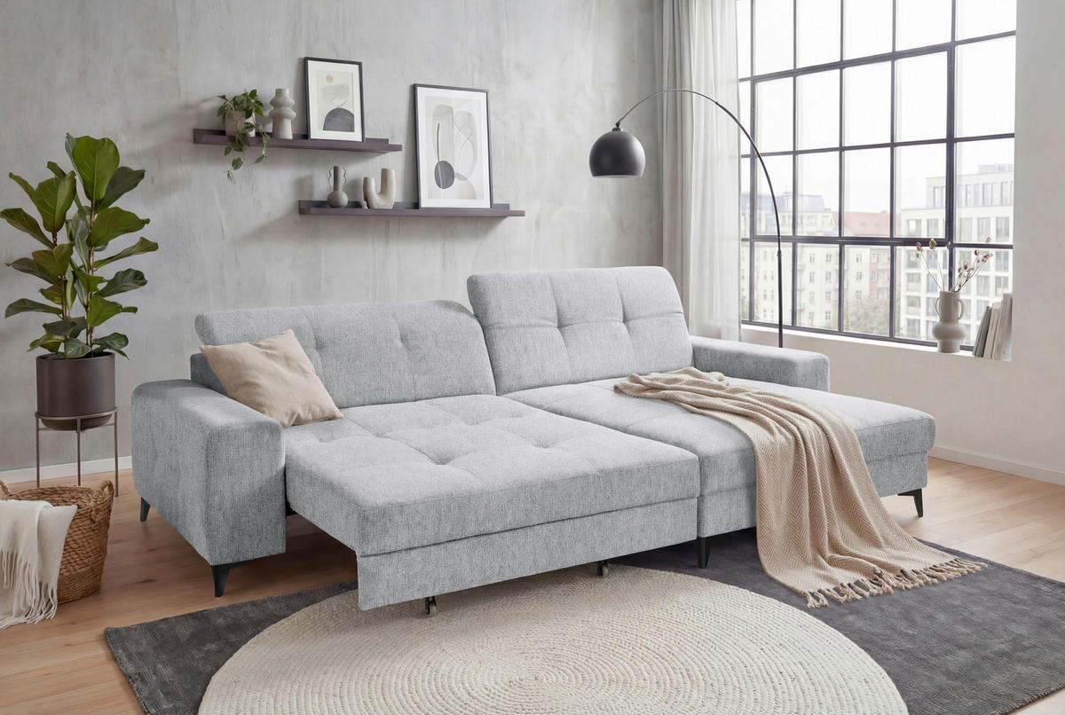 ECKSOFA SORELLA Hellgrau Mikrovelours Kopfteilverstellung, Sitztiefenverstellung  - Hellgrau/Schwarz, Design, Kunststoff/Textil (328/182cm) - MID.YOU