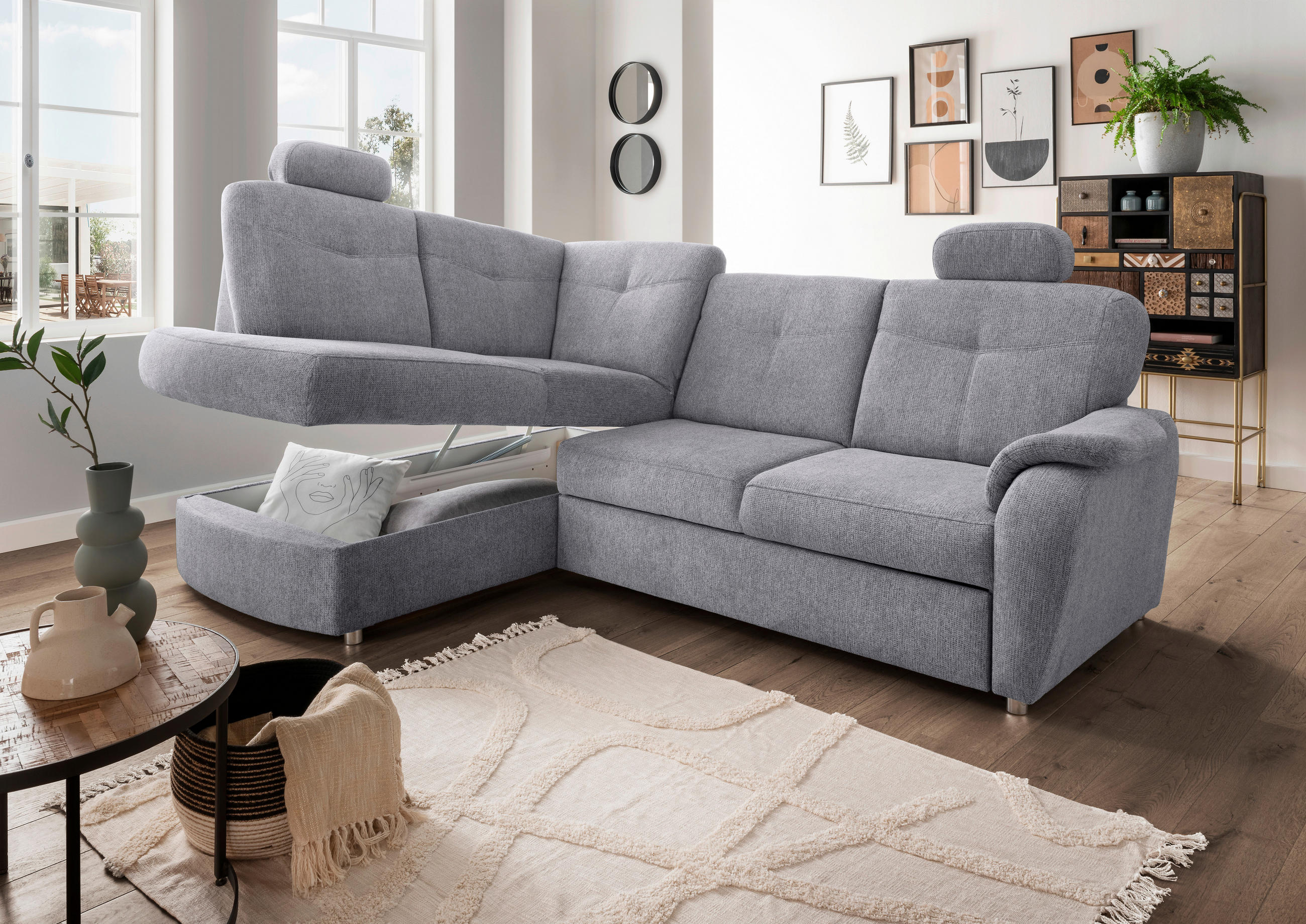 ECKSCHLAFSOFA in Chenille Silberfarben  - Chromfarben/Silberfarben, MODERN, Kunststoff/Textil (180/264cm) - Livetastic
