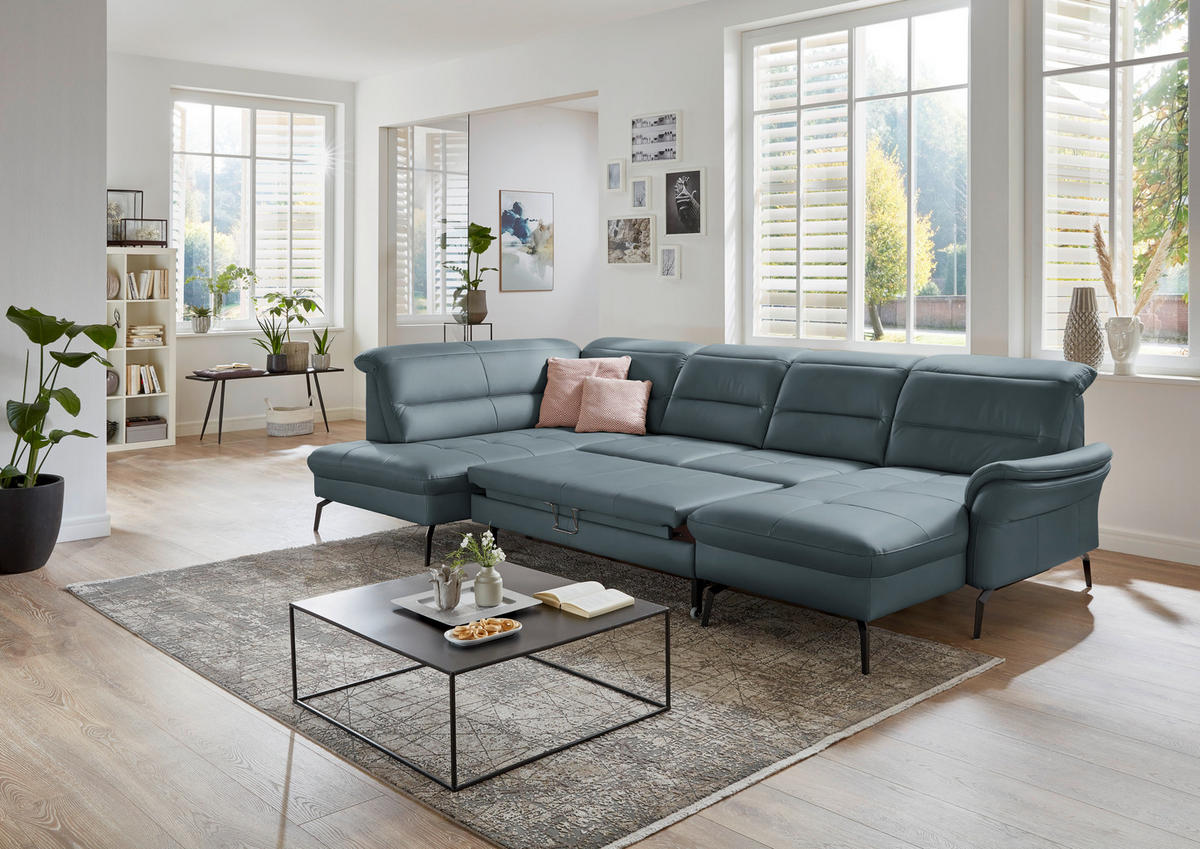 WOHNLANDSCHAFT in Echtleder Blaugrau  - Blaugrau/Schwarz, Design, Leder/Metall (206/336/181cm) - Beldomo Speed