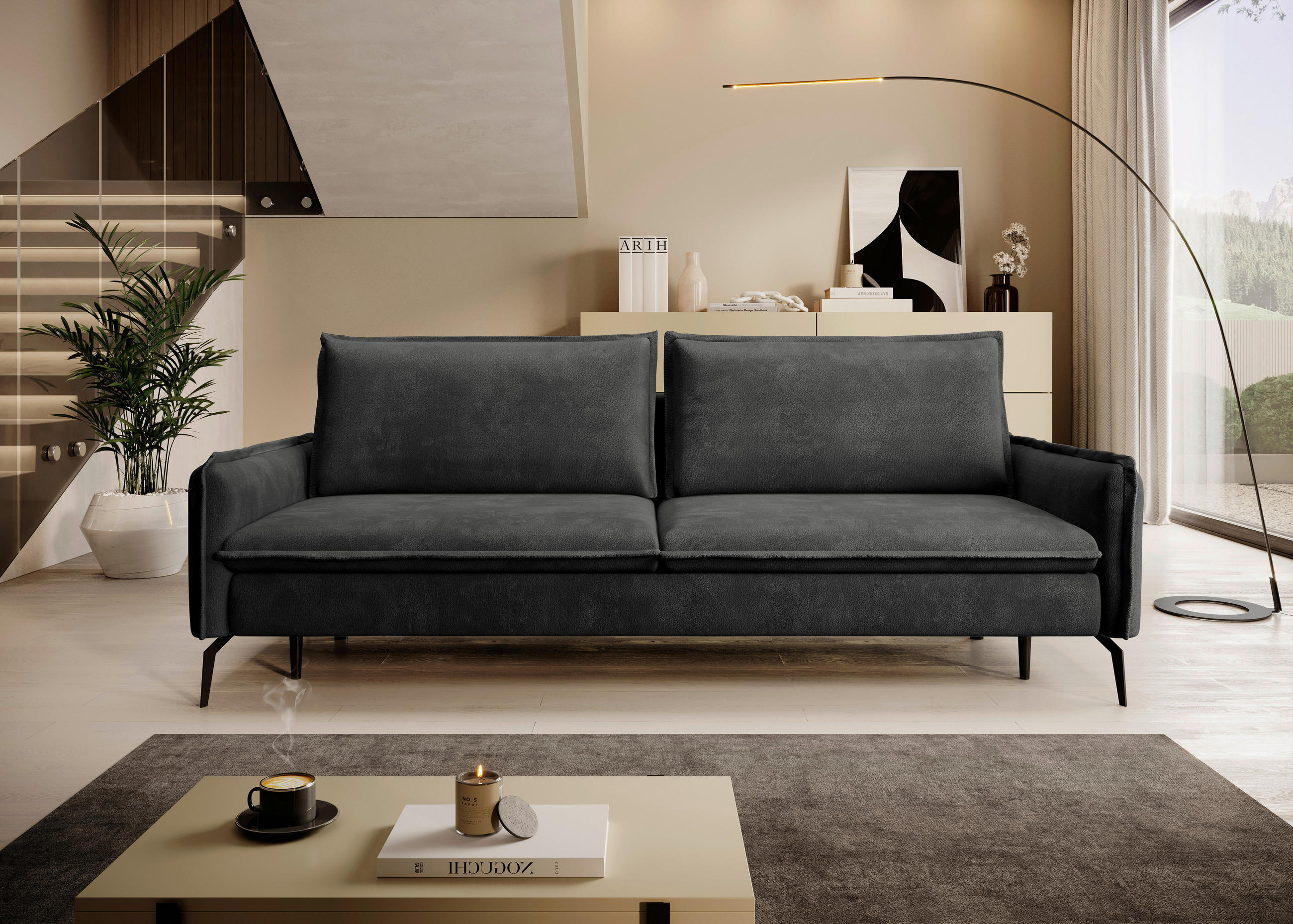 SCHLAFSOFA Chenille Schwarz  - Schwarz, KONVENTIONELL, Textil/Metall (223/89/107cm) - Carryhome