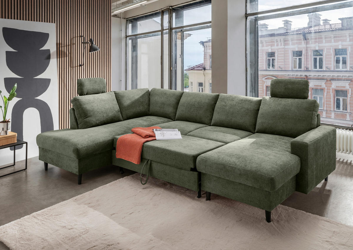WOHNLANDSCHAFT in Chenille Dunkelgrün  - Dunkelgrün/Schwarz, Modern, Holz/Textil (200/305/153cm) - Livetastic